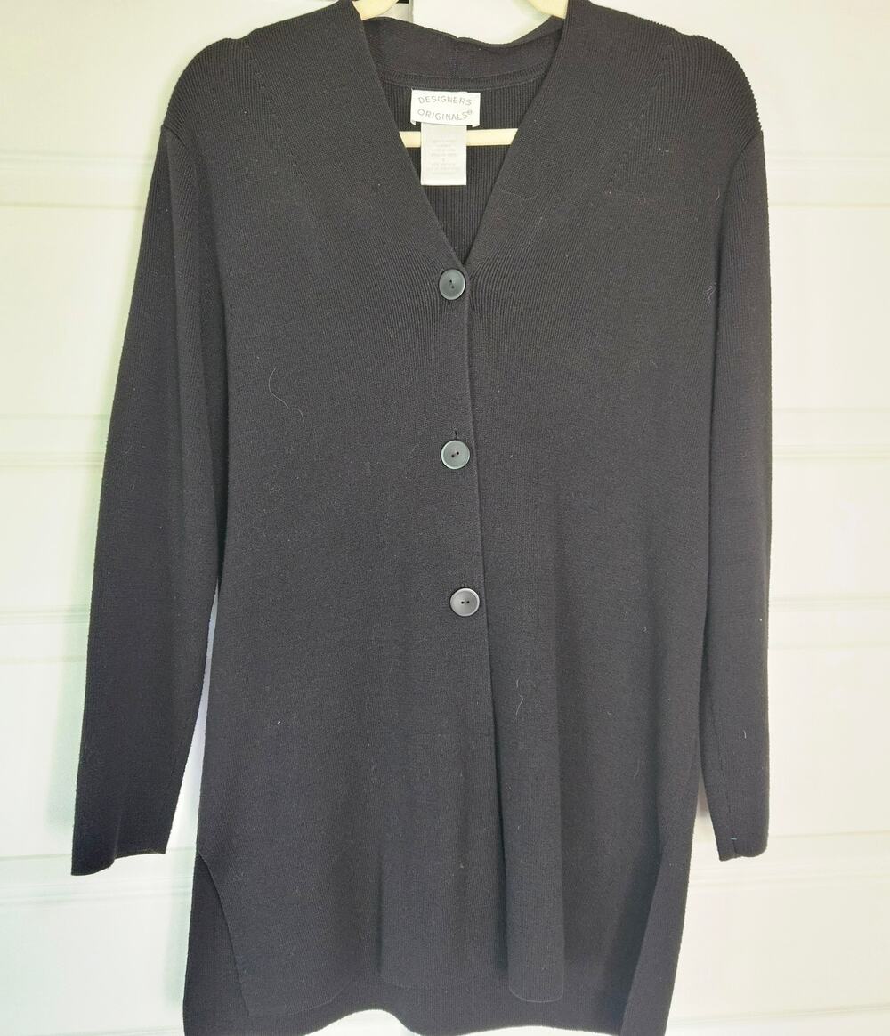 Designers Originals Black Knit Tunic Duster Button Front Cardigan Sweater Size S
